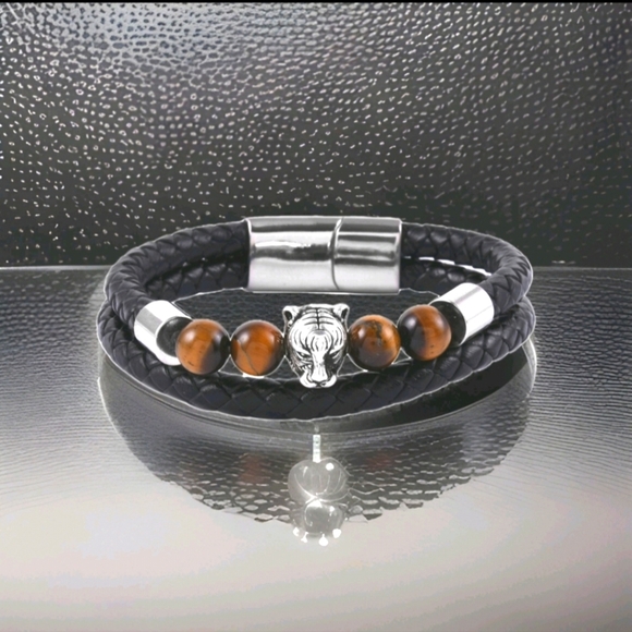 Genuine Leather Panther Tiger's Eye Stainless Steel Panther Head Bracelet - Picture 1 of 10